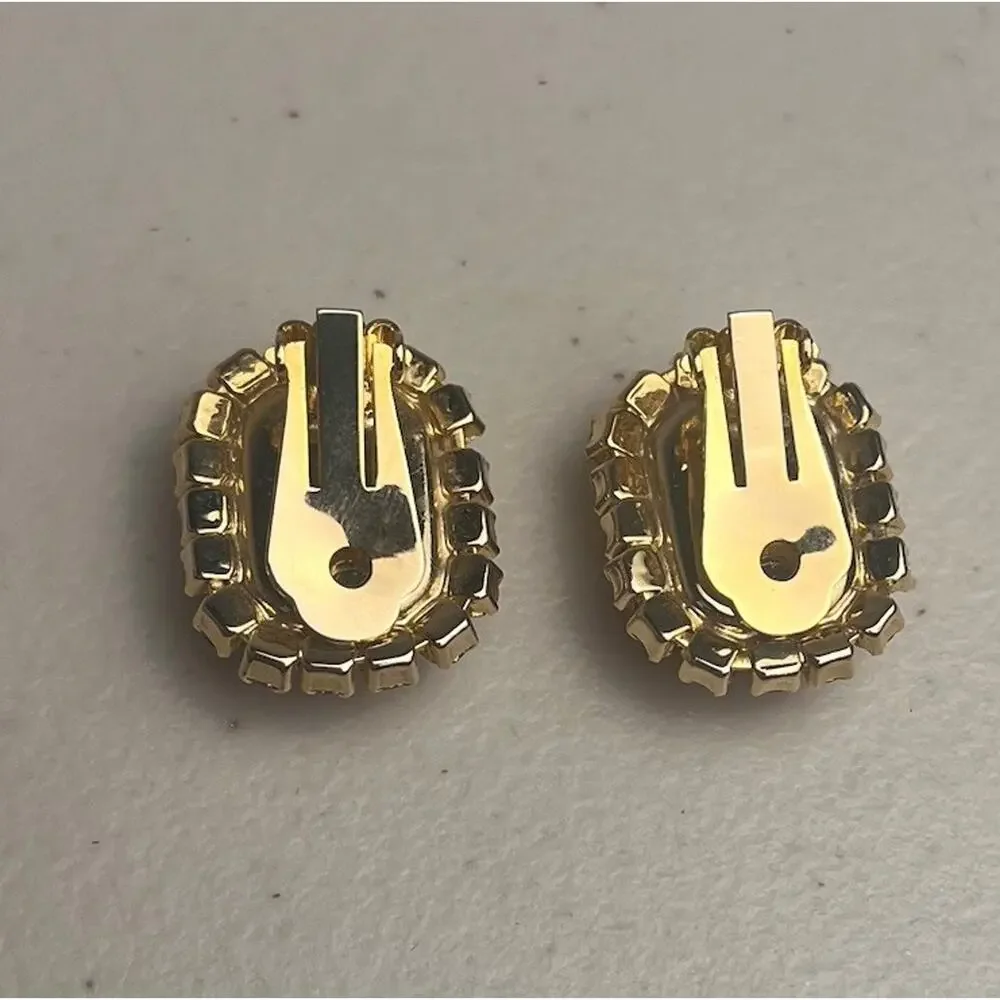 Pink Moonstone Art Glass Rhinestones Clip On Earrings 50s 60s MCM Mod Gold Tone